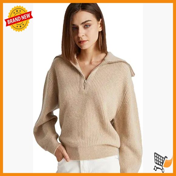 Cashmere Pullover Sweater Long Sleeve V-Neck Zipper Lantern Sleeves